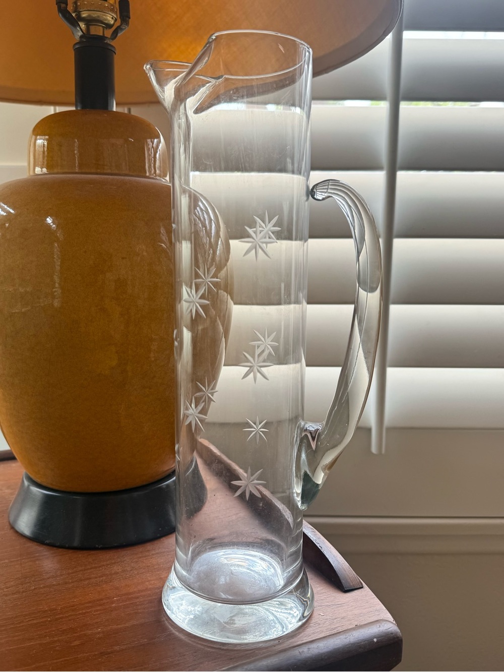Vintage Clear Etched Glass Pitcher with Starburst Pattern - White